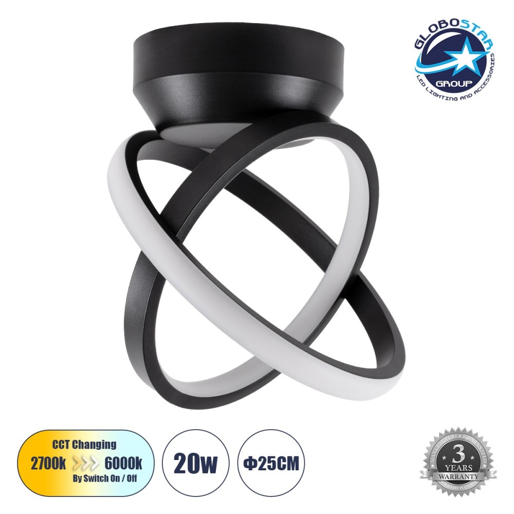 GLOBOSTAR® AMELIA 61052 Μοντέρνο Φωτιστικό Οροφής LED 20W 2400lm 300° AC 220-240V IP20 Ρυθμιζόμενο Λευκό CCT με On-Off 2700K-4500K-6000K - Lumileds SMD Chip - Μαύρο Ματ - Μ24.5 x Π16 x Υ25cm - 3 Χρόνια Εγγύηση